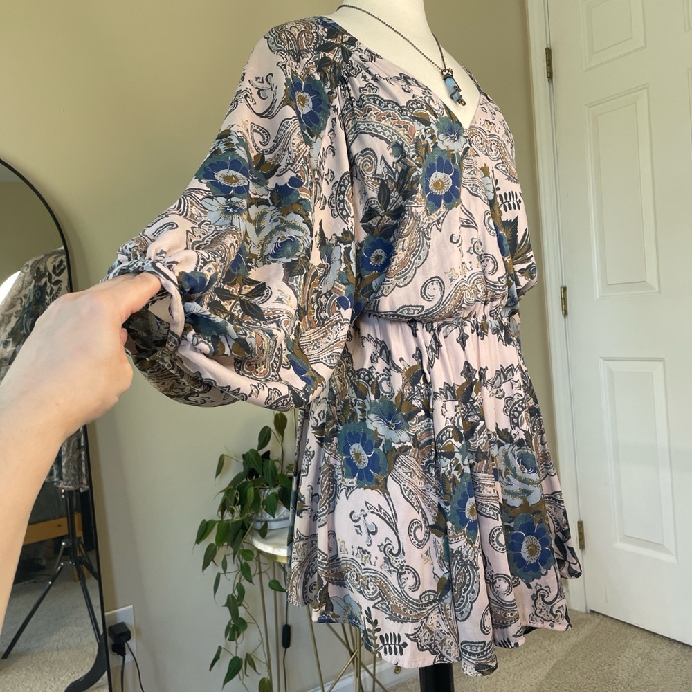 Free People High Plains Boho Balloon Sleeve Mini Dress Paisley Floral XS